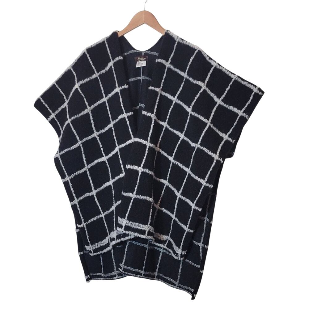 Iperico Black White Windowpane Check Wool Poncho One Size Italy Classic Cozy - Picture 11 of 11